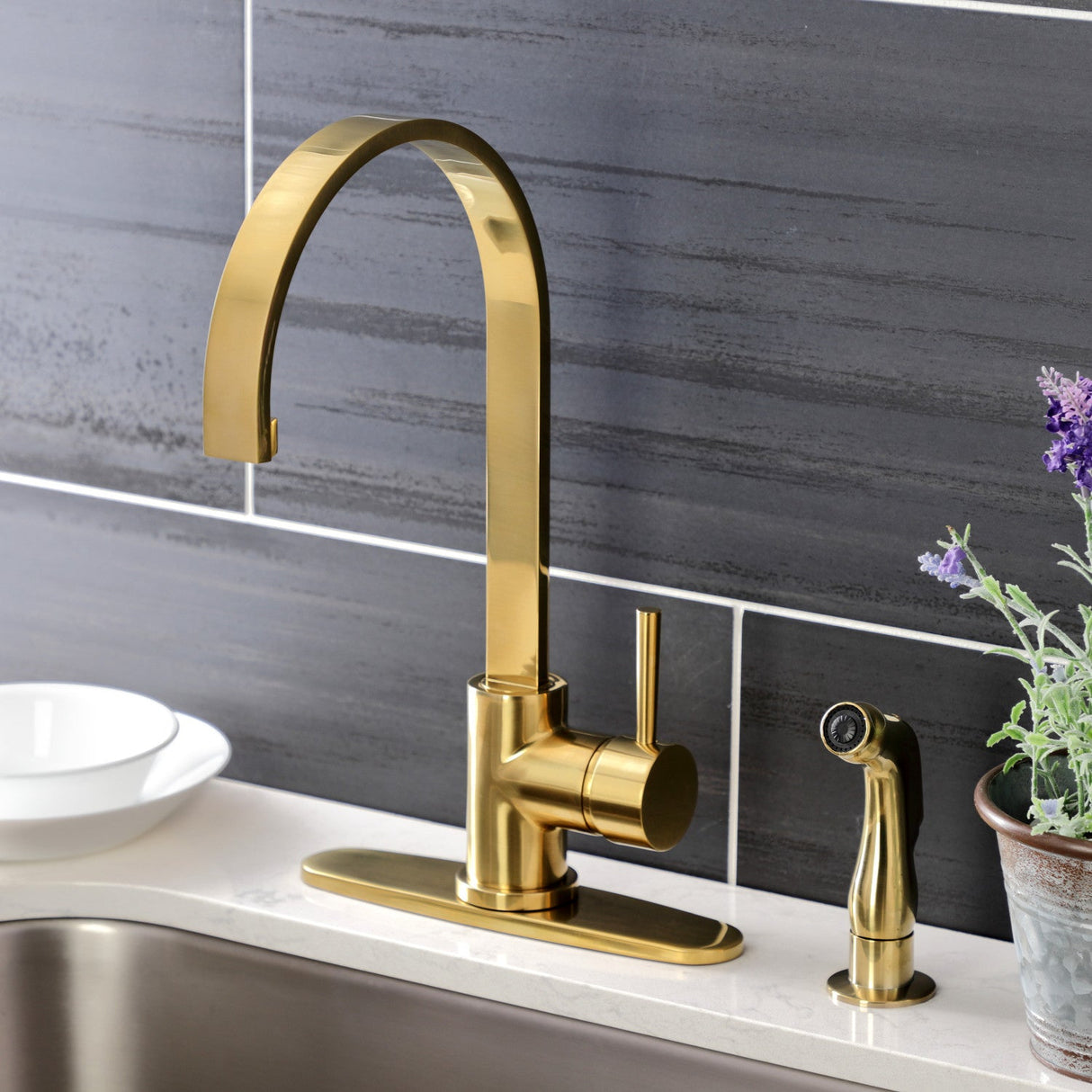Concord LS8713DLSP Single-Handle 2-Hole Deck Mount Kitchen Faucet with Side Sprayer, Brushed Brass