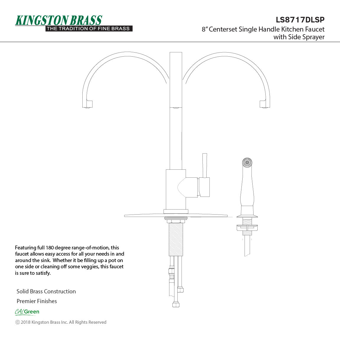 Concord LS8717DLSP Single-Handle 2-Hole Deck Mount Kitchen Faucet with Side Sprayer, Matte Black/Polished Chrome