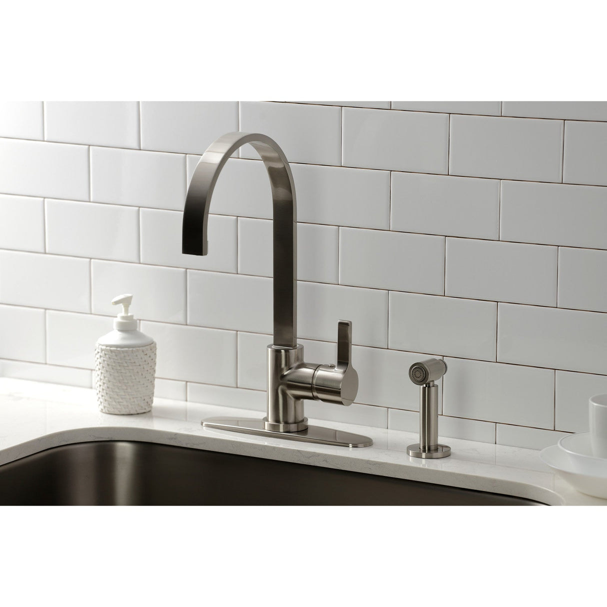 Continental LS8718CTLBS Single-Handle Deck Mount Kitchen Faucet with Brass Sprayer and Deck Plate, Brushed Nickel
