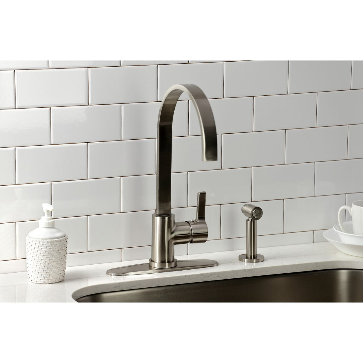 Continental LS8718CTLBS Single-Handle Deck Mount Kitchen Faucet with Brass Sprayer and Deck Plate, Brushed Nickel