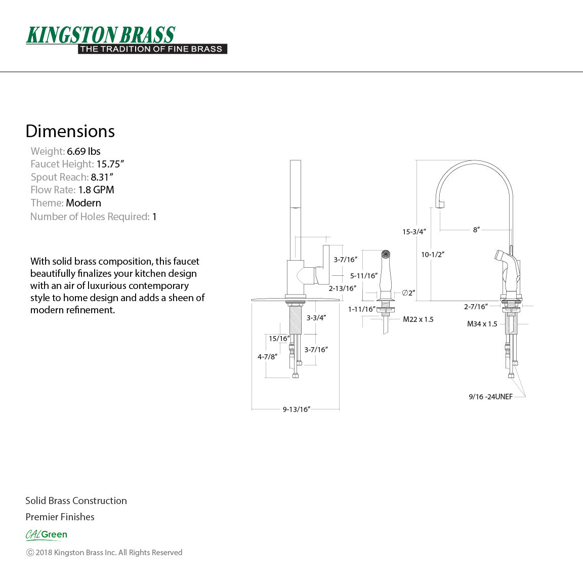 Continental LS8718CTLSP Single-Handle 2-Hole Deck Mount Kitchen Faucet with Side Sprayer, Brushed Nickel