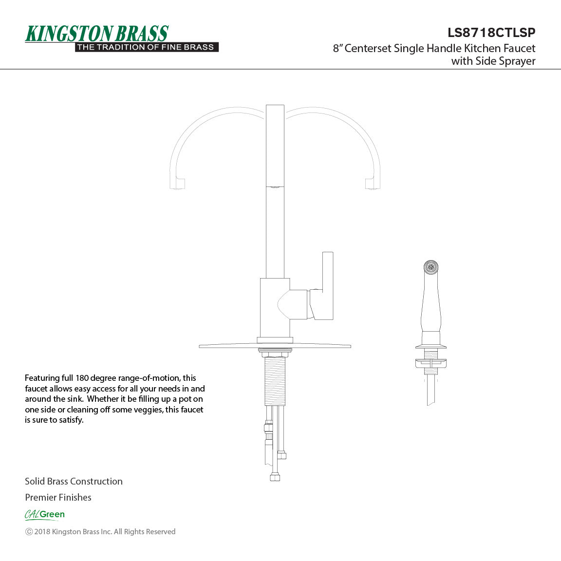 Continental LS8718CTLSP Single-Handle 2-Hole Deck Mount Kitchen Faucet with Side Sprayer, Brushed Nickel