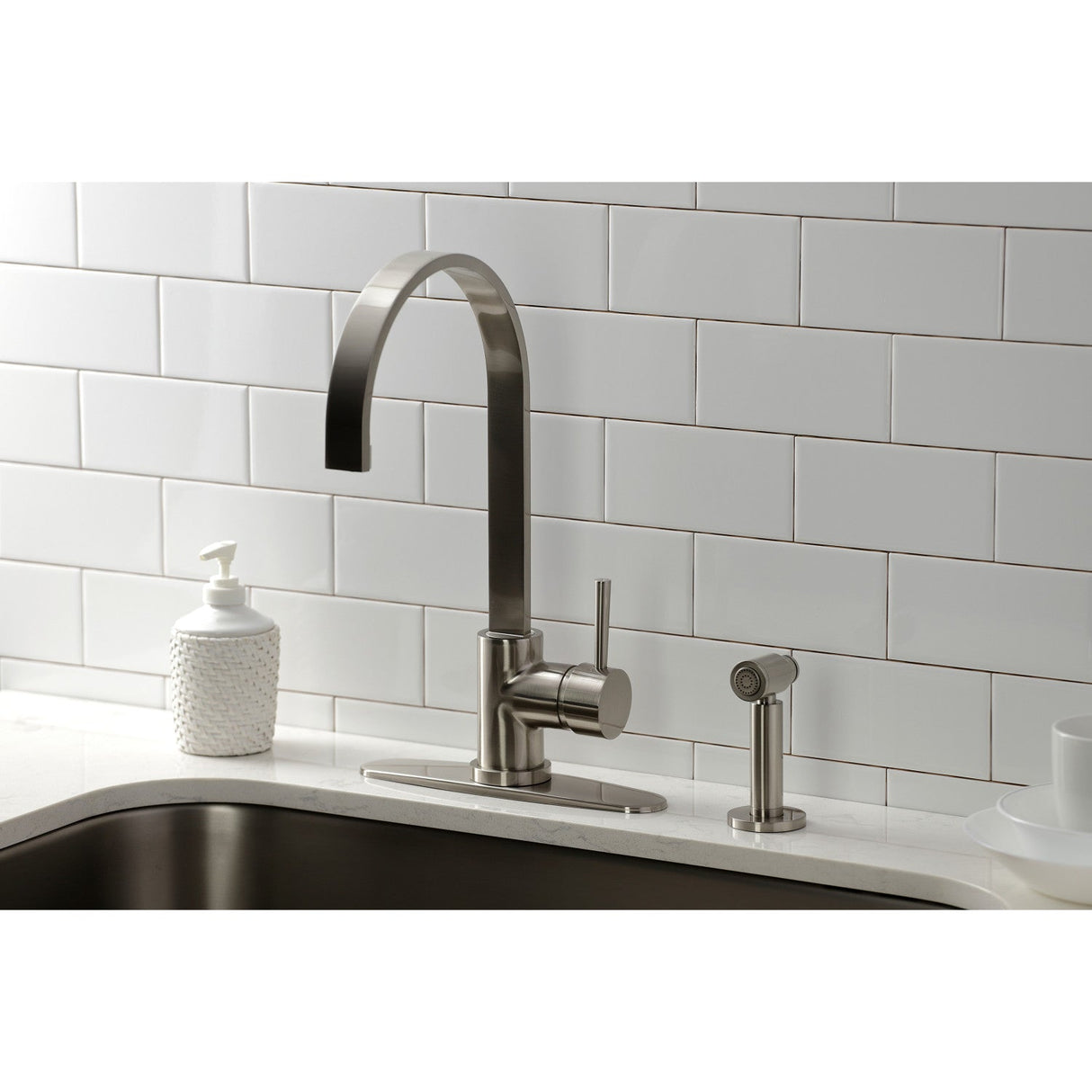 Concord LS8718DLBS Single-Handle Deck Mount Kitchen Faucet with Brass Sprayer and Deck Plate, Brushed Nickel