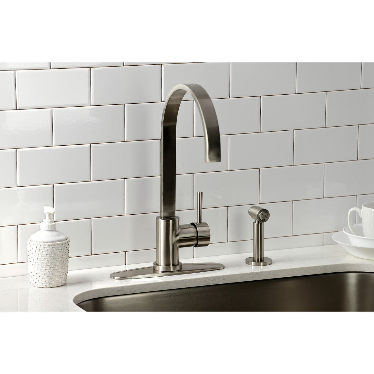 Concord LS8718DLBS Single-Handle Deck Mount Kitchen Faucet with Brass Sprayer and Deck Plate, Brushed Nickel