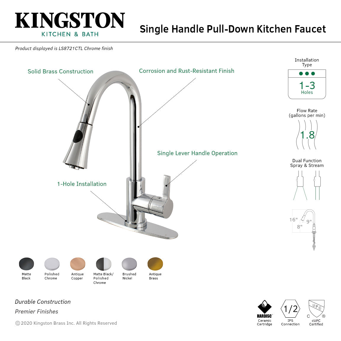 Continental LS8720CTL Single-Handle 1-Hole Deck Mount Pull-Down Sprayer Kitchen Faucet, Matte Black
