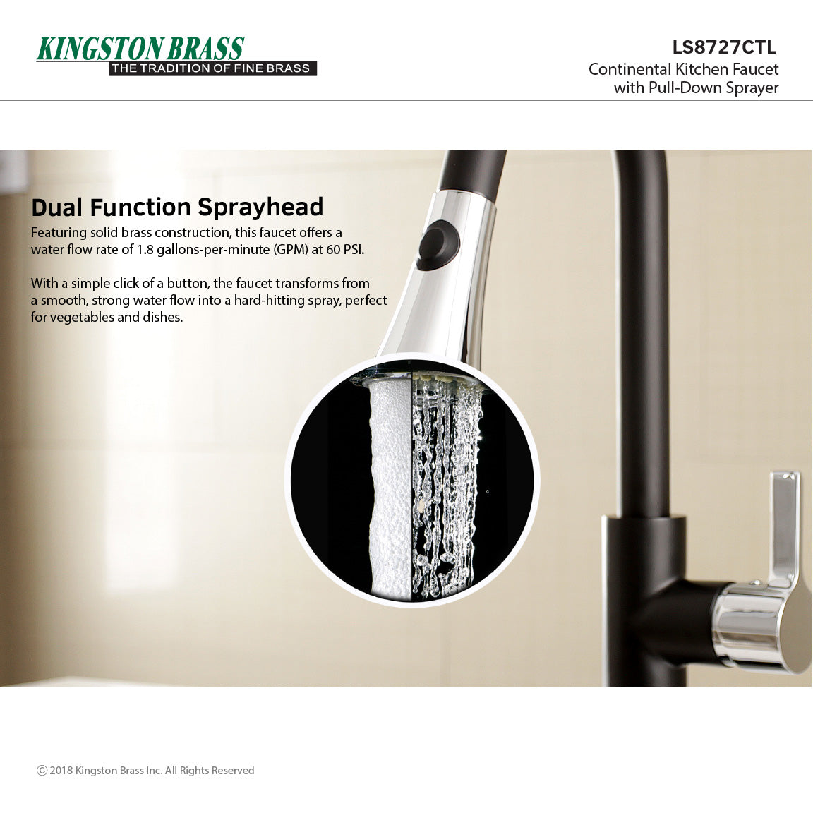 Continental LS8727CTL Single-Handle 1-Hole Deck Mount Pull-Down Sprayer Kitchen Faucet, Matte Black/Polished Chrome