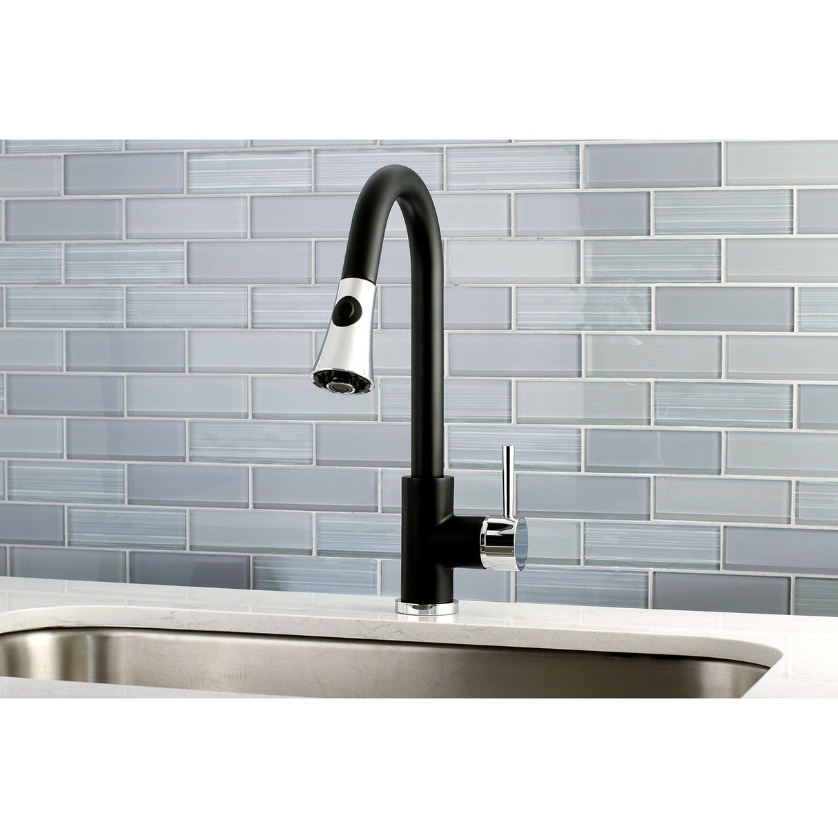 Concord LS8727DL Single-Handle 1-Hole Deck Mount Pull-Down Sprayer Kitchen Faucet, Matte Black/Polished Chrome