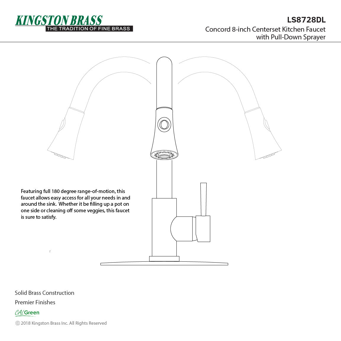 Concord LS8728DL Single-Handle 1-Hole Deck Mount Pull-Down Sprayer Kitchen Faucet, Brushed Nickel