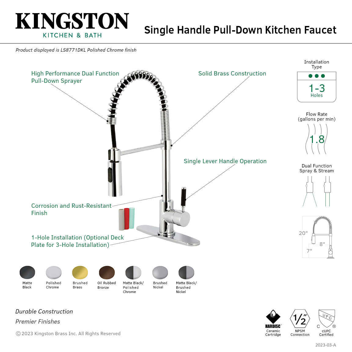 Kaiser LS8770DKL Single-Handle 1-Hole Deck Mount Pre-Rinse Kitchen Faucet, Matte Black
