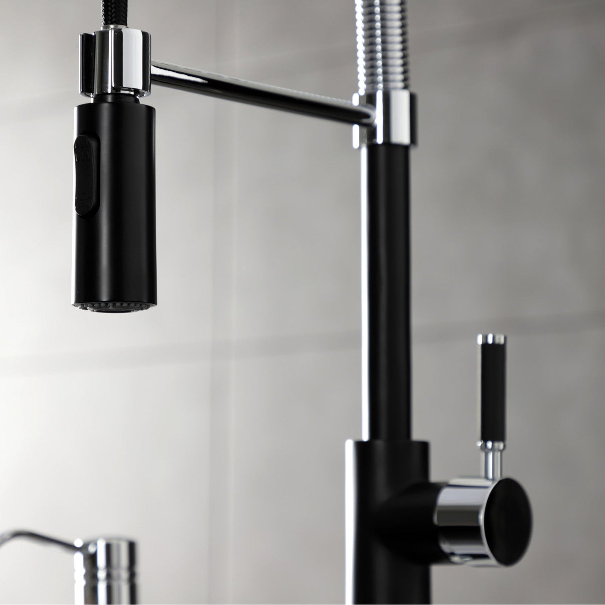 Kaiser LS8777DKL Single-Handle 1-Hole Deck Mount Pre-Rinse Kitchen Faucet, Matte Black/Polished Chrome