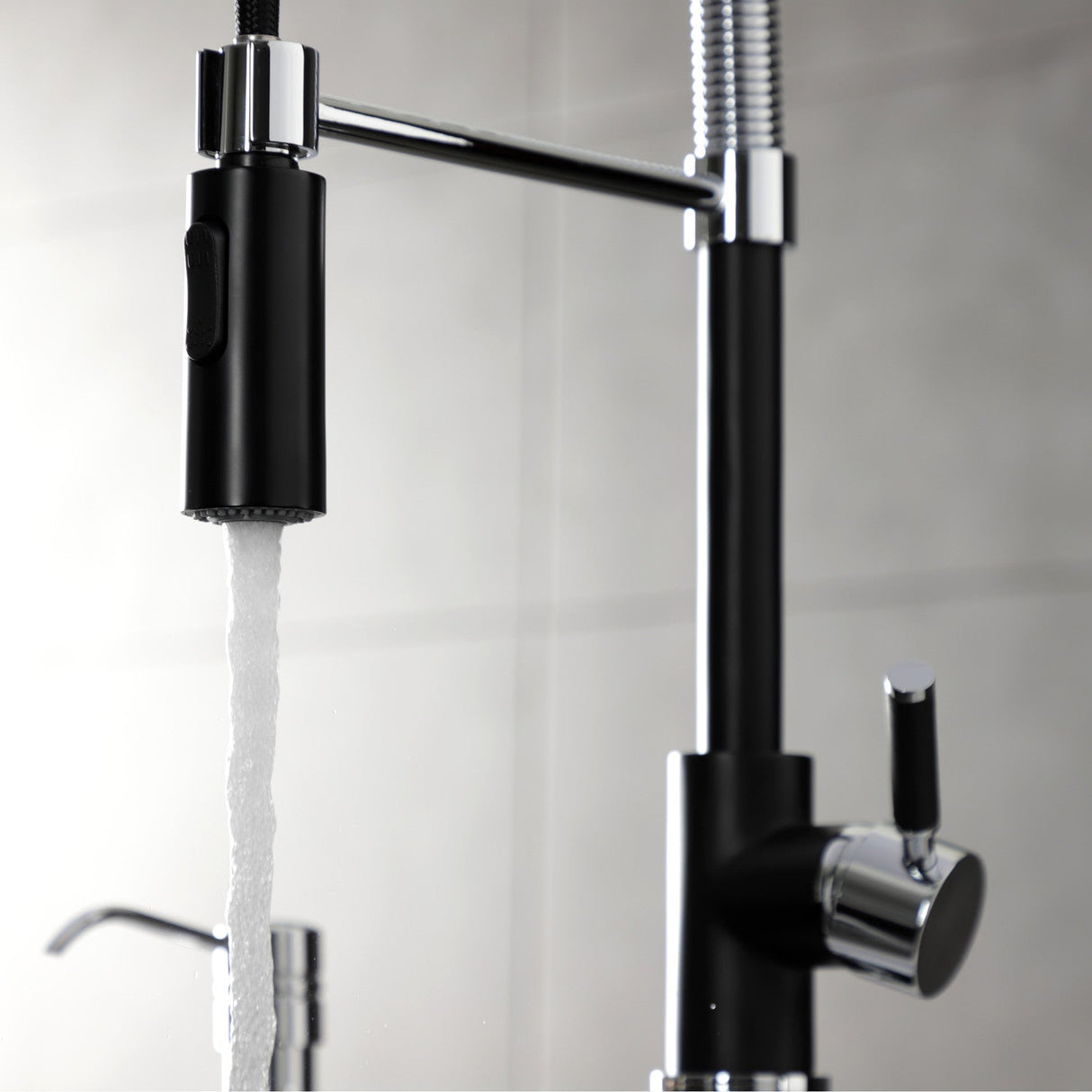 Kaiser LS8777DKL Single-Handle 1-Hole Deck Mount Pre-Rinse Kitchen Faucet, Matte Black/Polished Chrome