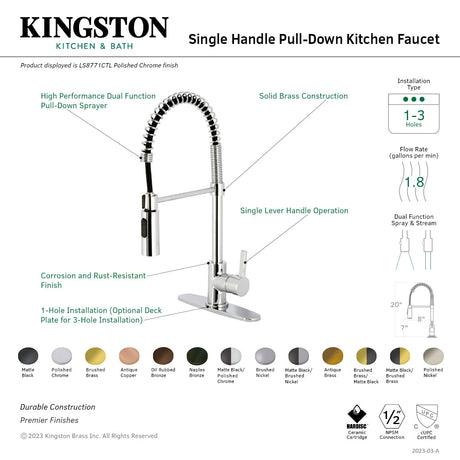 Continental LS877CTLMBBB Single-Handle 1-Hole Deck Mount Pre-Rinse Kitchen Faucet, Matte Black/Brushed Brass