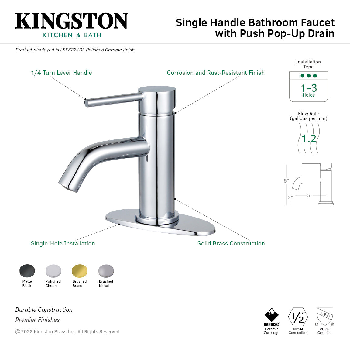Concord LSF8223DL Single-Handle 1-Hole Deck Mount Bathroom Faucet with Push Pop-Up, Brushed Brass