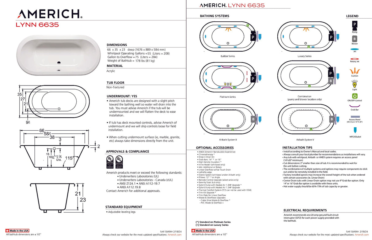 Americh LY6635TA5-BI Lynn 6635 - Tub Only / Airbath 5 - Biscuit