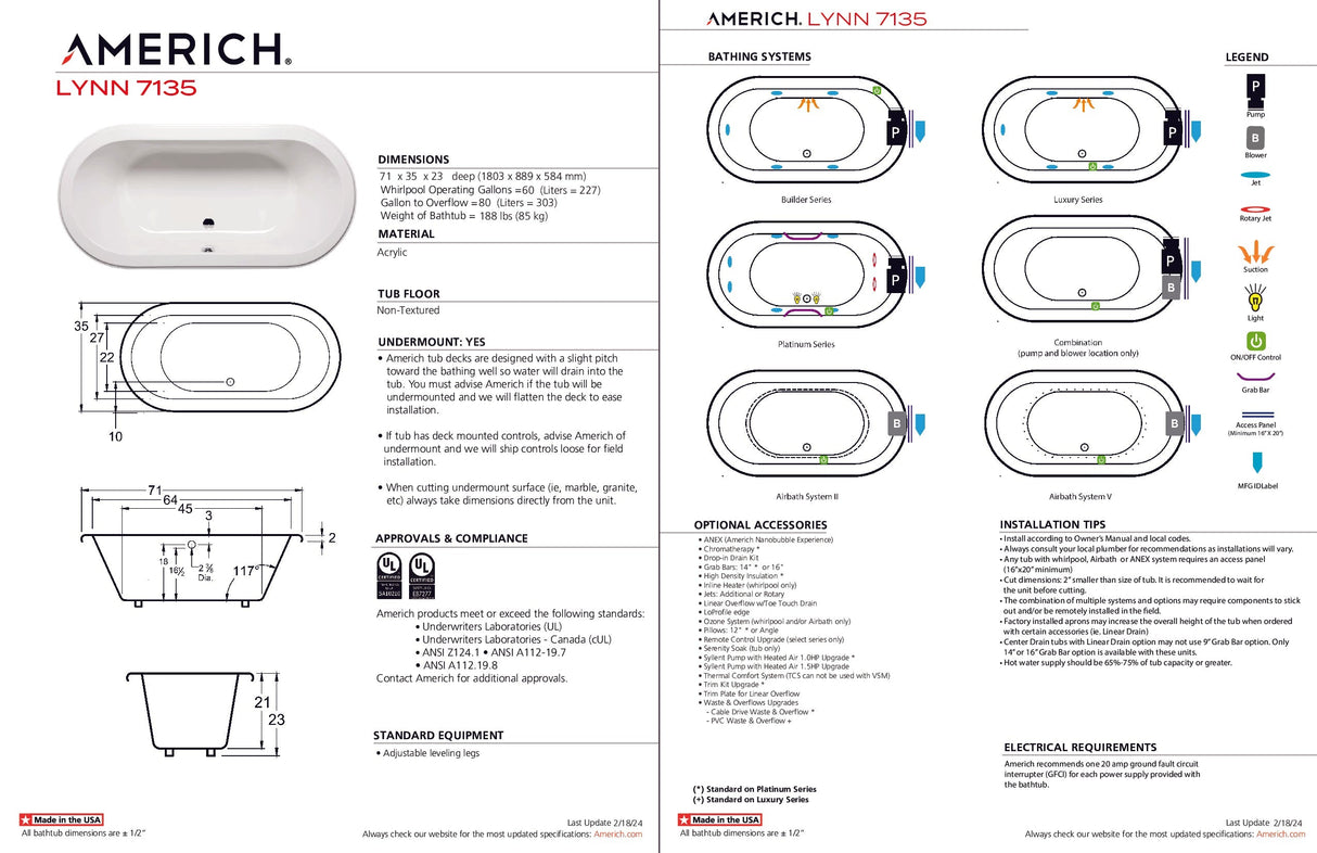 Americh LY7135TA5-BI Lynn 7135 - Tub Only / Airbath 5 - Biscuit