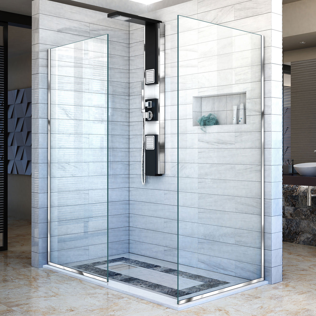 DreamLine Linea Two Individual Frameless Shower Screens 34 in. W x 72 in. H each, Open Entry Design in Chrome