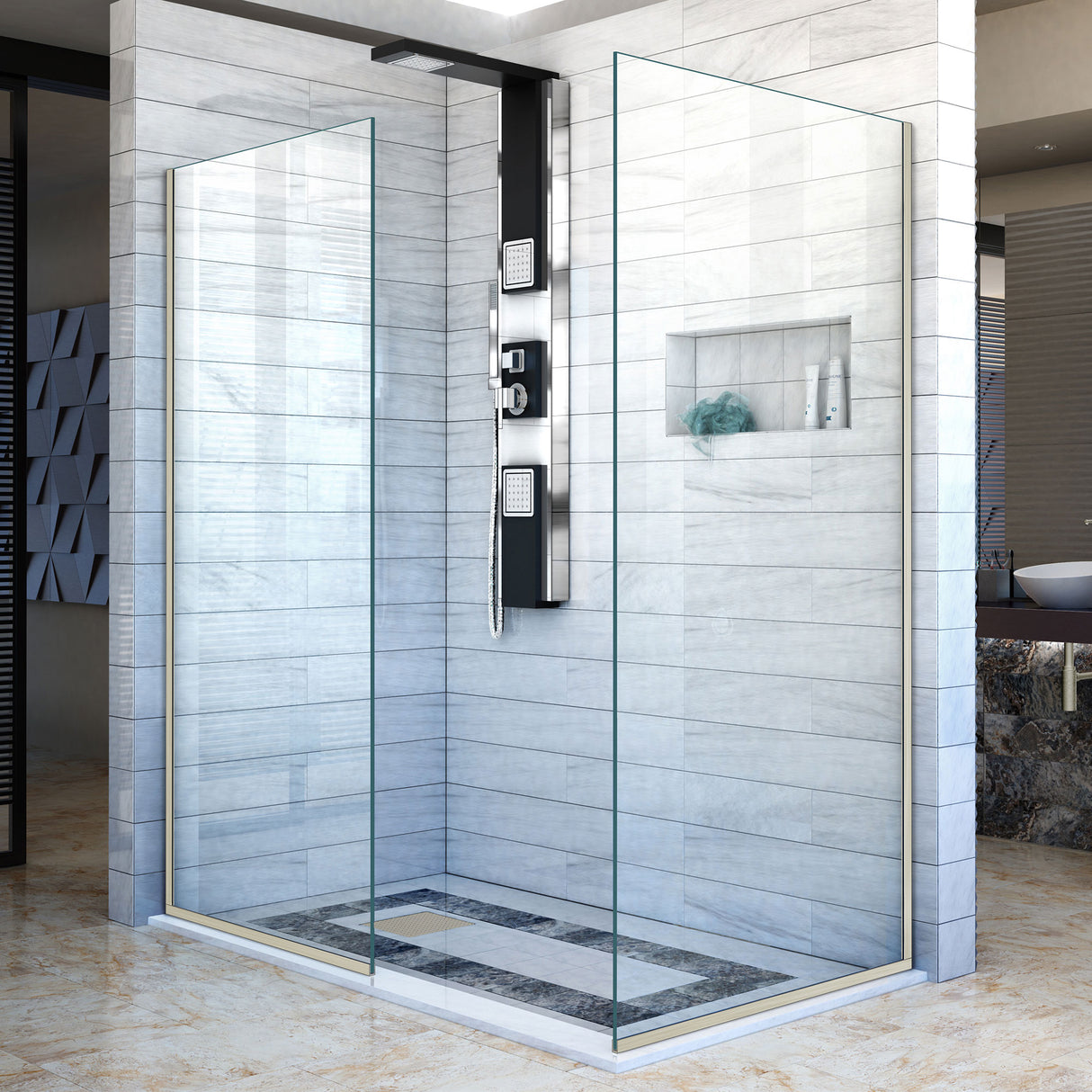 DreamLine Linea Two Individual Frameless Shower Screens 30 in. and 34 in. W x 72 in. H, Open Entry Design in Brushed Nickel