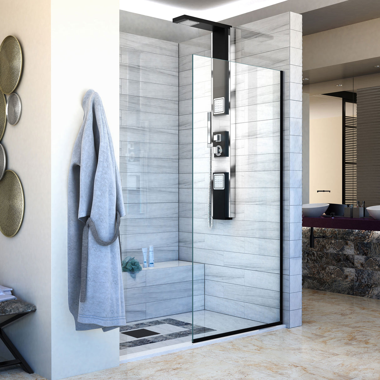 DreamLine Linea Single Panel Frameless Shower Screen 34 in. W x 72 in. H, Open Entry Design in Satin Black