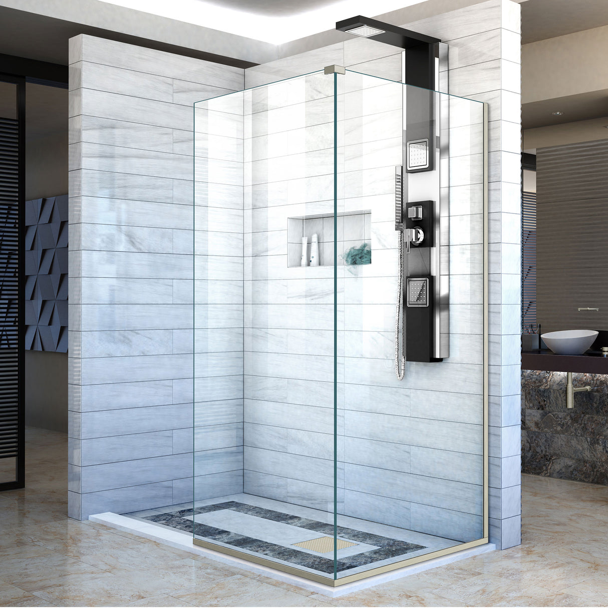 DreamLine Linea Two Adjacent Frameless Shower Screens 30 in. and 34 in. W x 72 in. H, Open Entry Design in Brushed Nickel