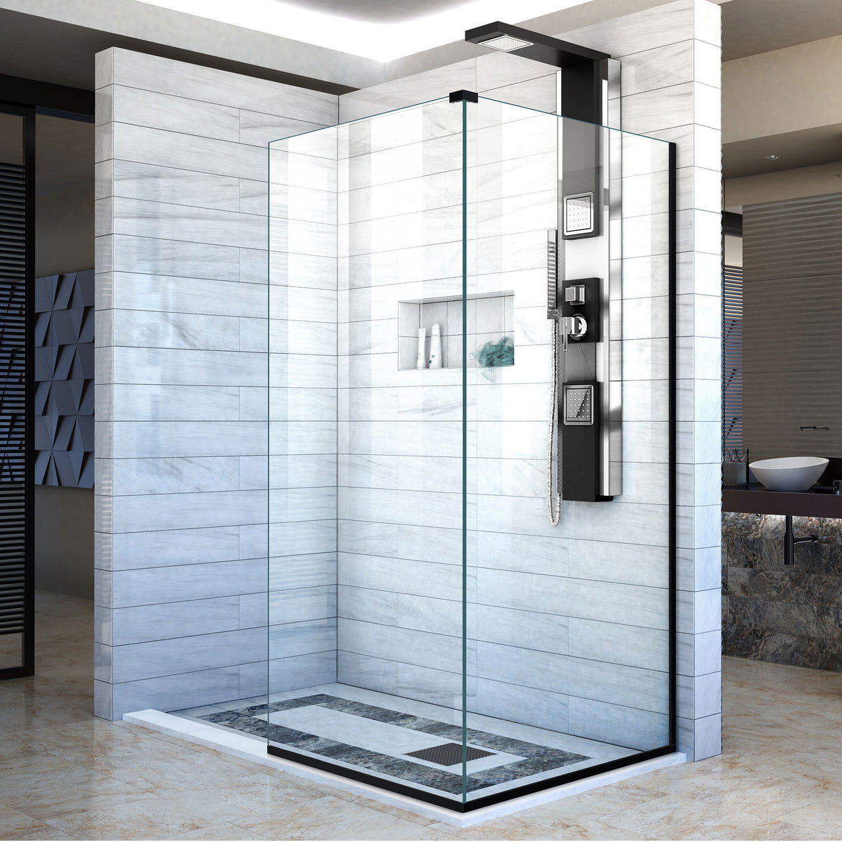 DreamLine Linea Two Adjacent Frameless Shower Screens 30 in. W x 72 in. H each, Open Entry Design in Satin Black