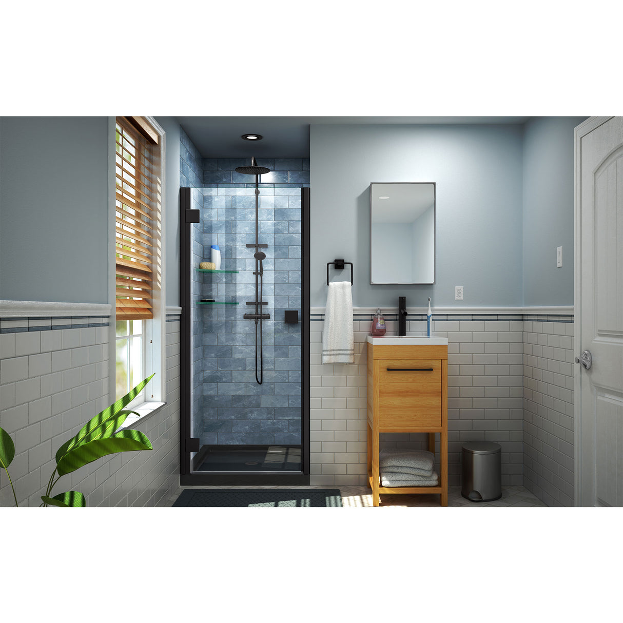 DreamLine Lumen 42 in. D x 42 in. W by 74 3/4 in. H Hinged Shower Door in Satin Black with Black Acrylic Base Kit