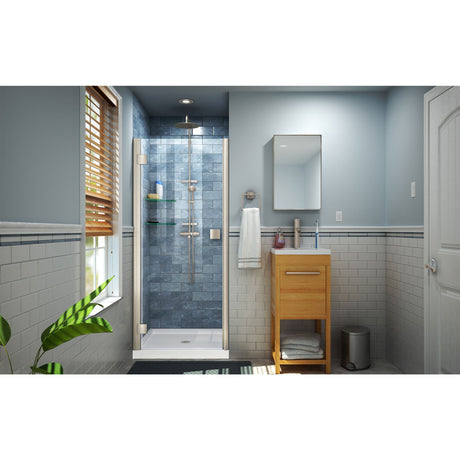 DreamLine Lumen 42 in. D x 42 in. W by 74 3/4 in. H Hinged Shower Door in Brushed Nickel with White Acrylic Base Kit
