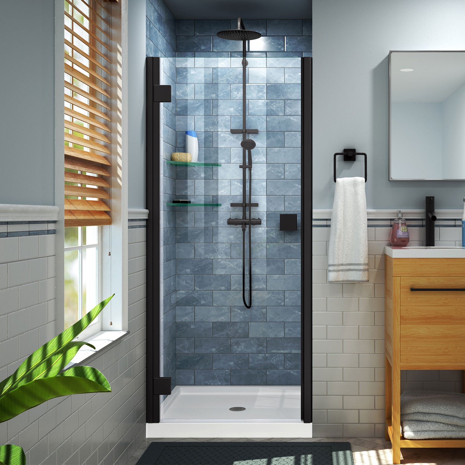 DreamLine Lumen 40-41 in. W by 72 in. H Semi-Frameless Hinged Shower Door in Satin Black