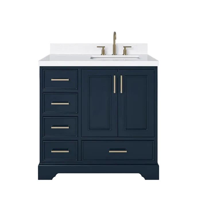 36" Single Sink Bathroom Vanity with Right-Offset Basin and Carrara White Quartz Top – Midnight Blue sink bathroom vanity with carrara white quartz countertop 1.5 edge in midnight blue