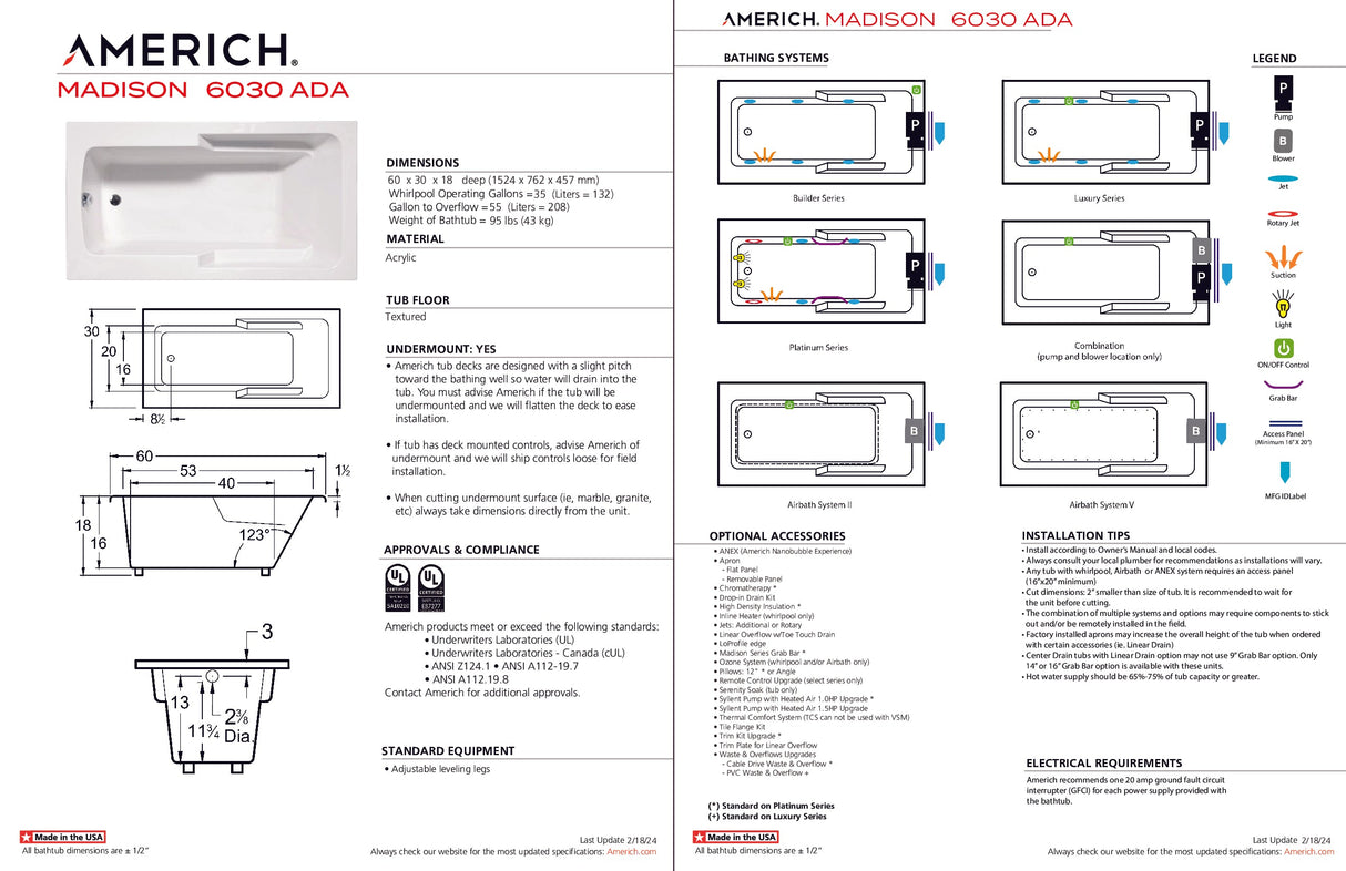 Americh MA6030ADATA5-BI Madison 6030 ADA - Tub Only / Airbath 5 - Biscuit