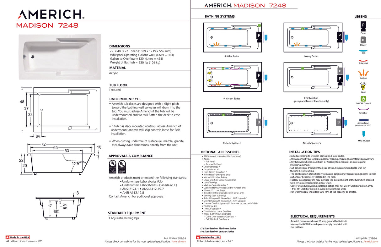 Americh MA7248TA5-BI Madison 7248 - Tub Only / Airbath 5 - Biscuit