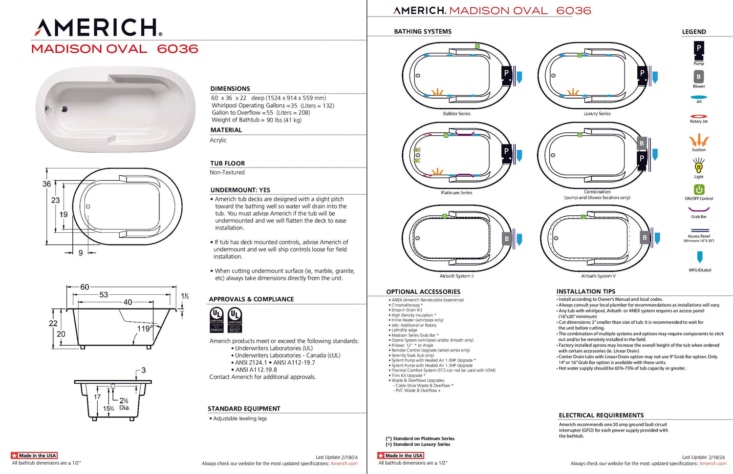 Americh OM6036TA5-BI Madison Oval 6036 - Tub Only / Airbath 5 - Biscuit