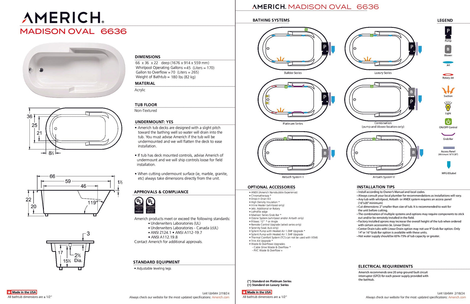 Americh OM6636TA5-BI Madison Oval 6636 - Tub Only / Airbath 5 - Biscuit