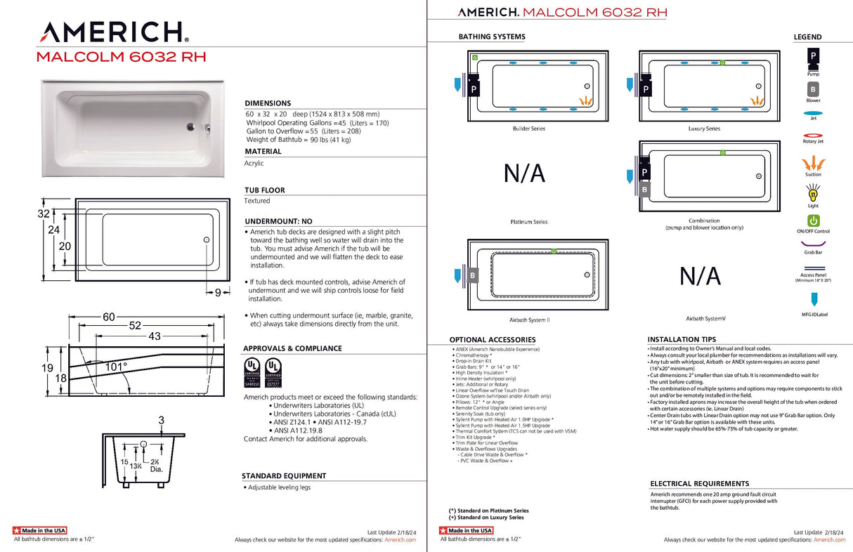Americh MC6032TRA5-BI Malcolm 6032 Right Hand - Tub Only / Airbath 5 - Biscuit
