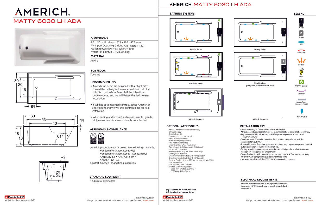 Americh MT6030ADATLA5BI Matty 6030 ADA Left Hand - Tub Only / Airbath 5 - Biscuit