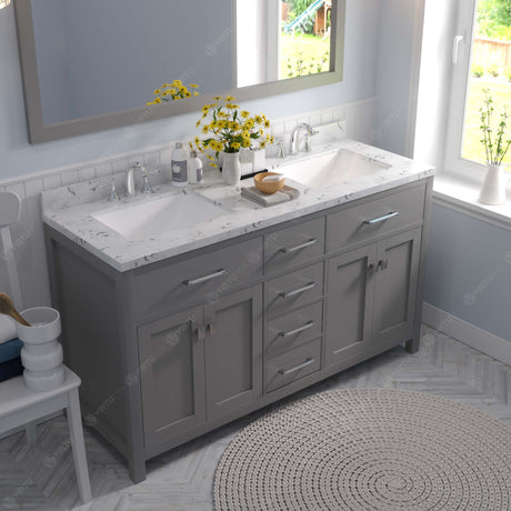 Virtu USA Caroline 60" Double Bath Vanity with White Quartz Top and Square Sinks with Polished Chrome Faucets with Matching Mirror