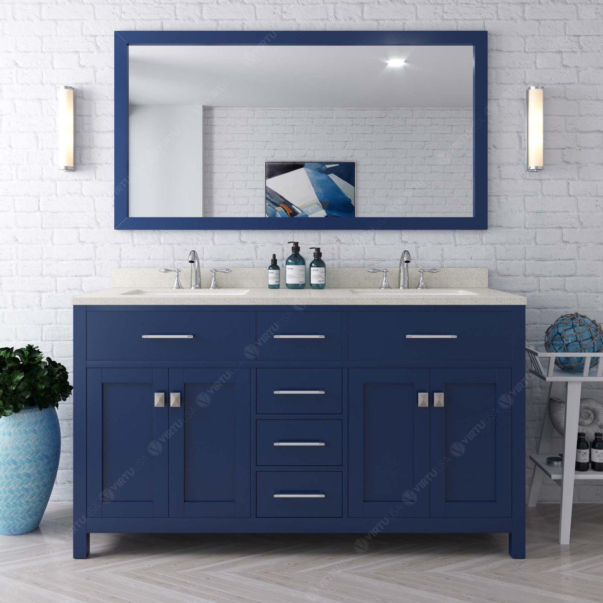 Virtu USA Caroline 60" Double Bath Vanity with Dazzle White Top and Round Sinks with Polished Chrome Faucets with Matching Mirror