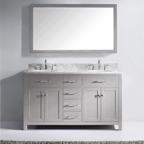 Virtu USA Caroline 60" Double Bath Vanity with White Marble Top and Round Sinks with Matching Mirror
