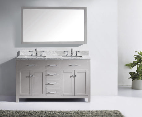 Virtu USA Caroline 60" Double Bath Vanity with White Marble Top and Square Sinks with Brushed Nickel Faucets with Matching Mirror