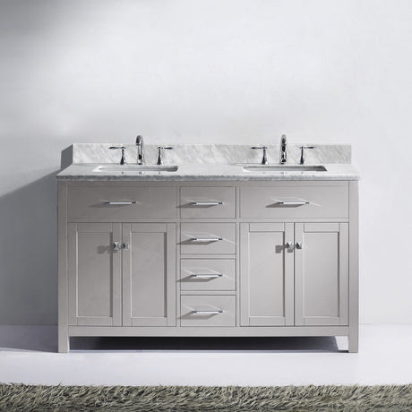Virtu USA Caroline 60" Double Bath Vanity in Cashmere Gray with White Marble Top and Square Sinks with Polished Chrome Faucets