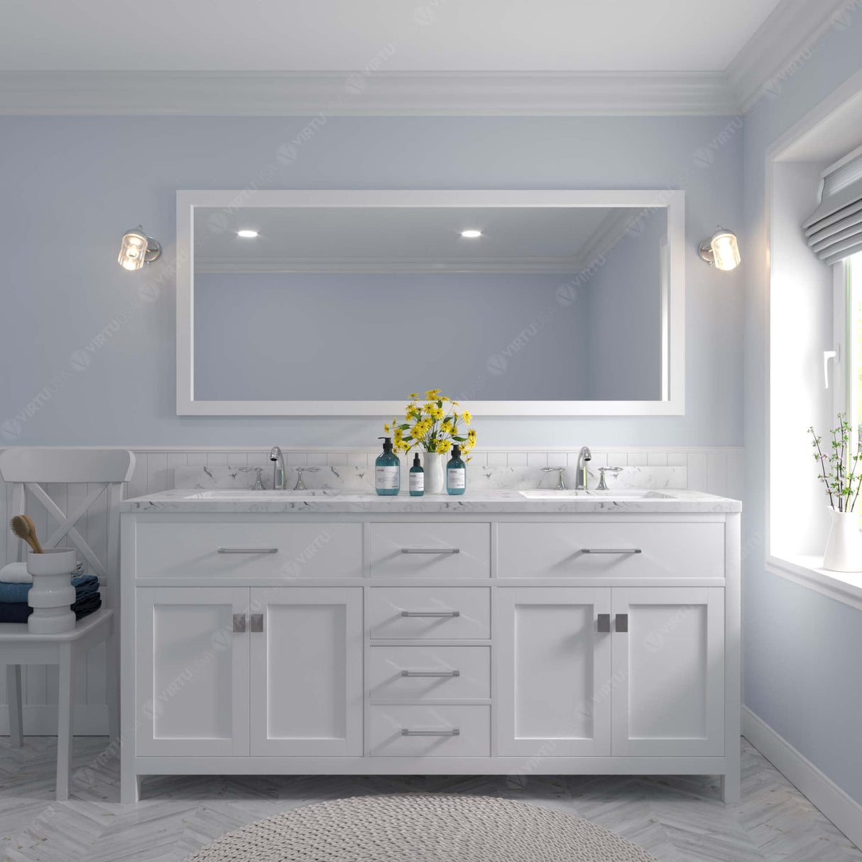 Virtu USA Caroline 72" Double Bath Vanity with White Quartz Top and Square Sinks with Brushed Nickel Faucets with Matching Mirror