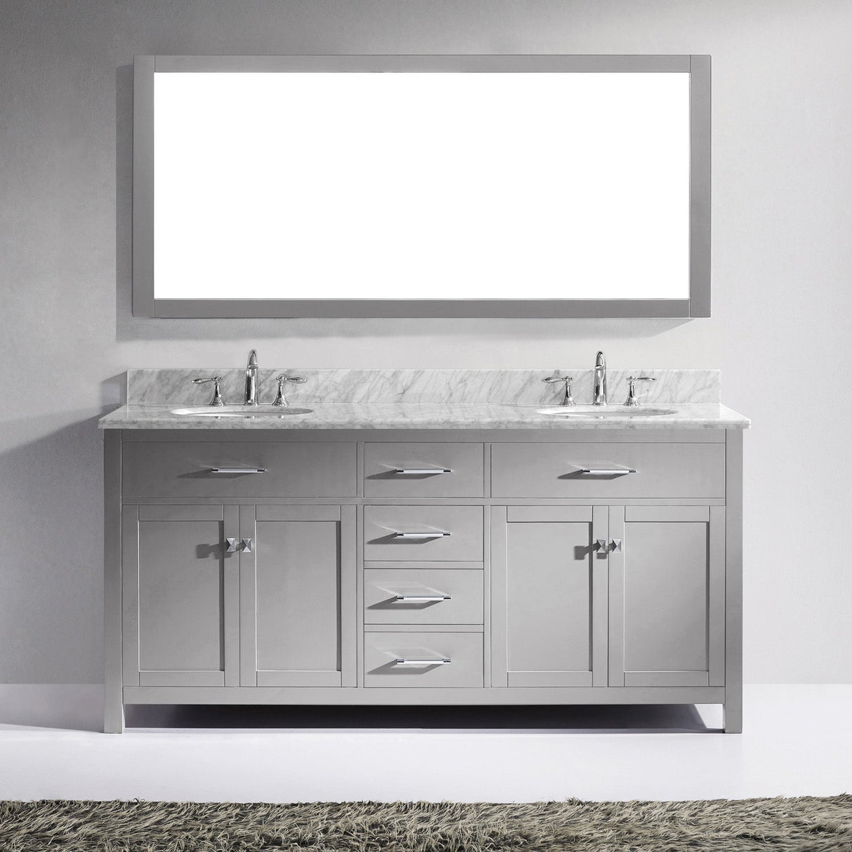 Virtu USA Caroline 72" Double Bath Vanity with White Marble Top and Round Sinks with Brushed Nickel Faucets with Matching Mirror