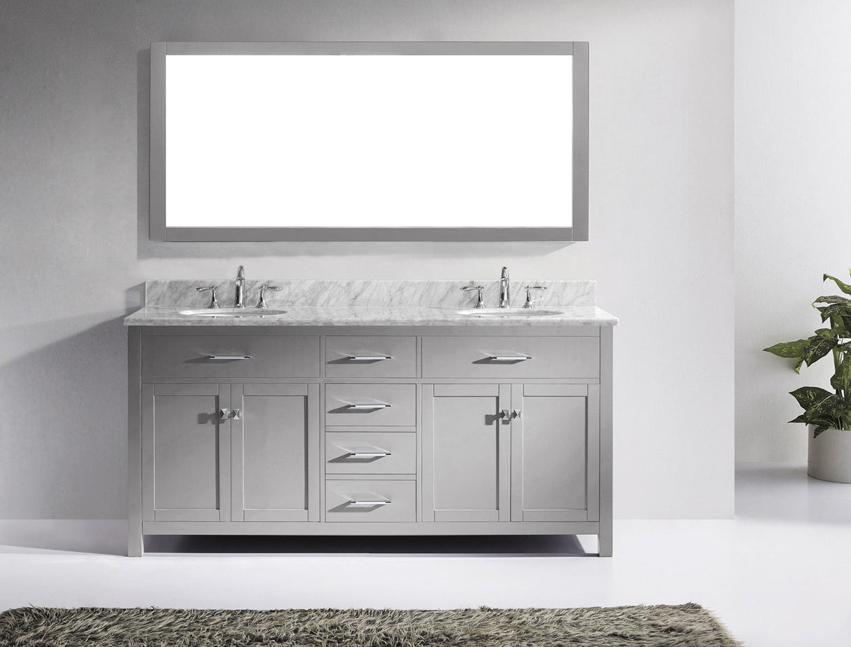 Virtu USA Caroline 72" Double Bath Vanity with White Marble Top and Round Sinks with Brushed Nickel Faucets with Matching Mirror