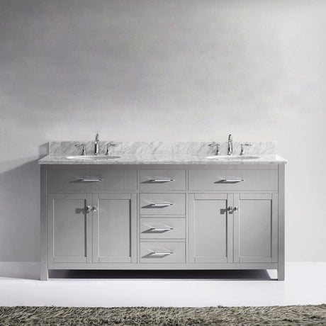 Virtu USA Caroline 72" Double Bath Vanity with White Marble Top and Round Sinks with Brushed Nickel Faucets