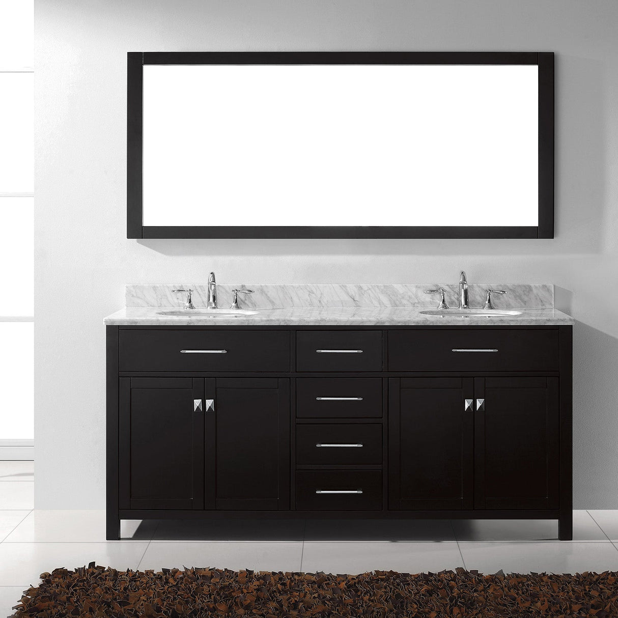 Virtu USA Caroline 72" Double Bath Vanity with White Marble Top and Round Sinks with Brushed Nickel Faucets with Matching Mirror
