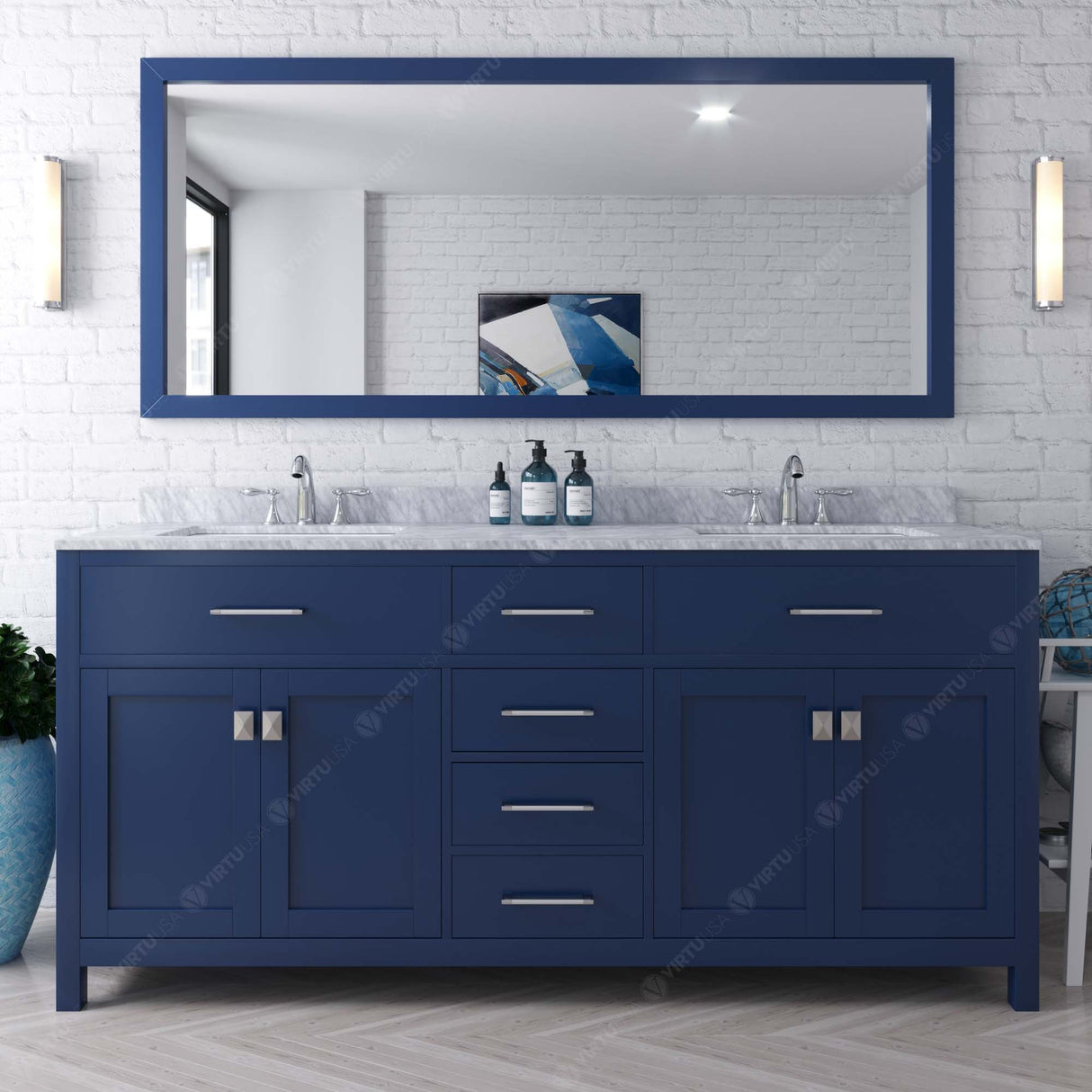 Virtu USA Caroline 72" Double Bath Vanity with White Marble Top and Round Sinks with Brushed Nickel Faucets with Matching Mirror