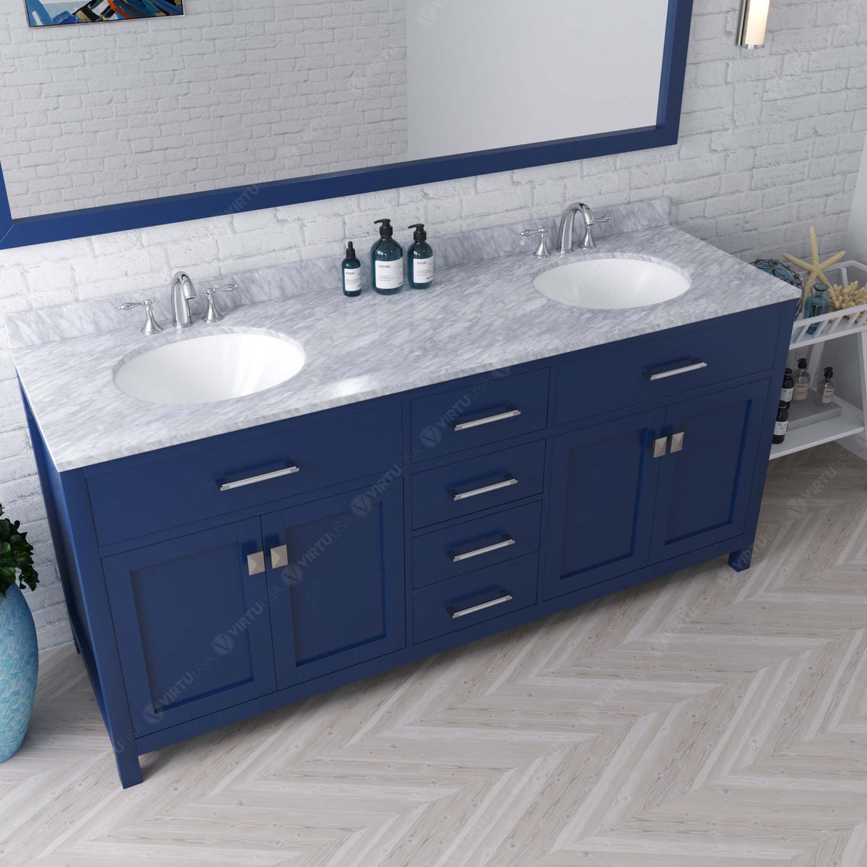 Virtu USA Caroline 72" Double Bath Vanity with White Marble Top and Round Sinks with Brushed Nickel Faucets with Matching Mirror