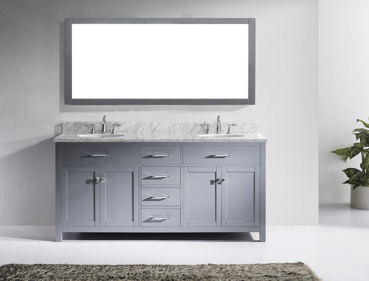 Virtu USA Caroline 72" Double Bath Vanity with White Marble Top and Round Sinks with Brushed Nickel Faucets with Matching Mirror
