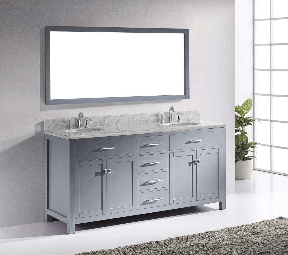 Virtu USA Caroline 72" Double Bath Vanity with White Marble Top and Round Sinks with Brushed Nickel Faucets with Matching Mirror