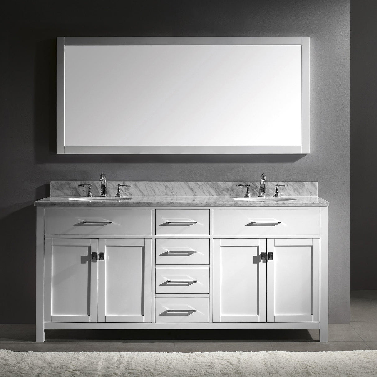 Virtu USA Caroline 72" Double Bath Vanity with White Marble Top and Round Sinks with Brushed Nickel Faucets with Matching Mirror