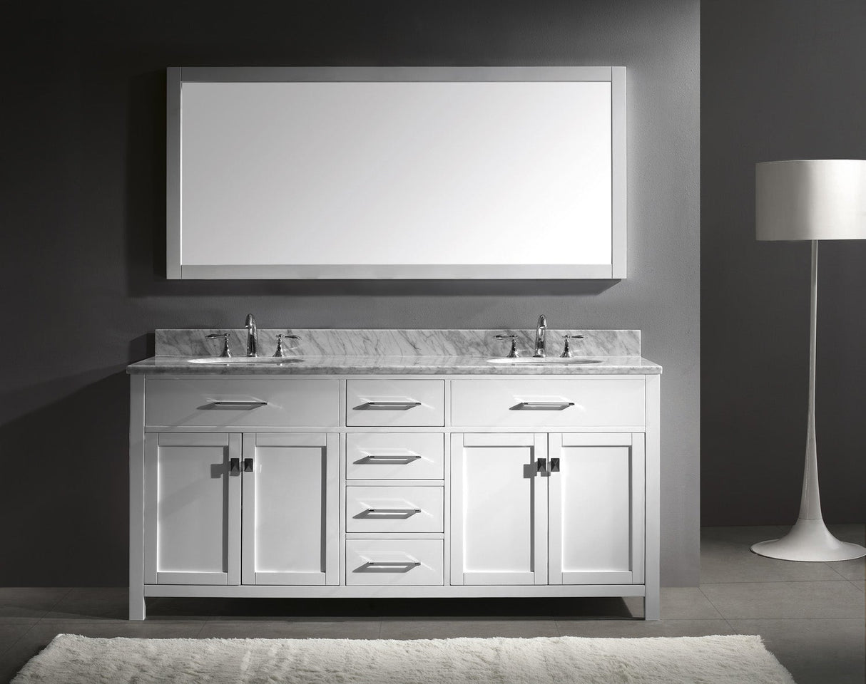 Virtu USA Caroline 72" Double Bath Vanity with White Marble Top and Round Sinks with Brushed Nickel Faucets with Matching Mirror